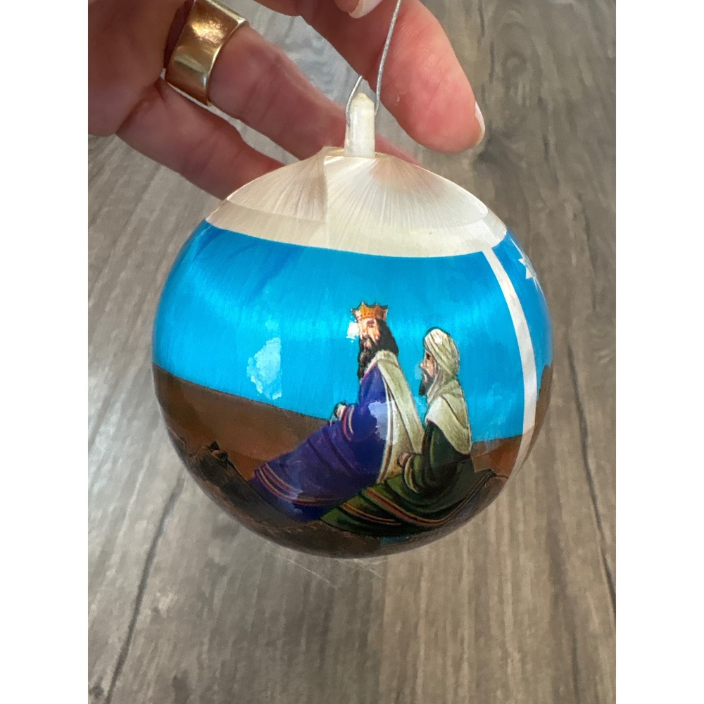 Vintage Satin Wrapped Three Wise Men Nativity Christmas Ornament Blue White MCM